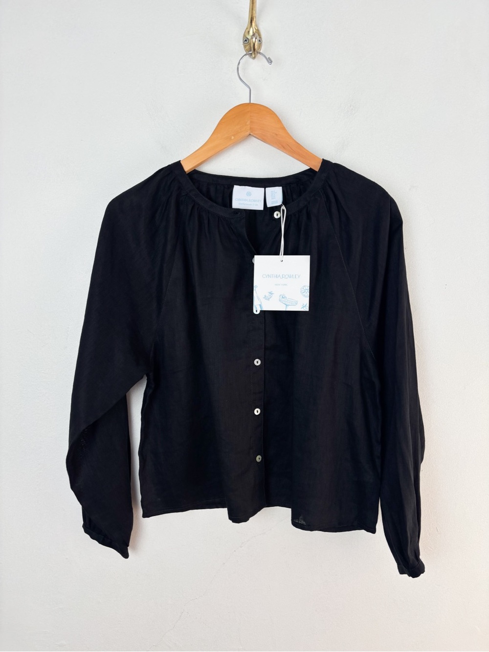 NWT Cynthia Rowley Black 100% Linen Long Sleeve Blouse Sz S